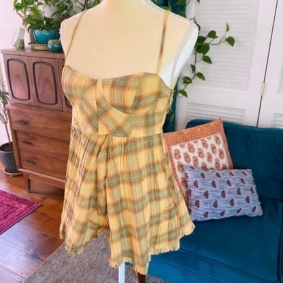 Urban Outfitters | Lorelei Crinkle Cotton Romper Plaid Yellow Orange Green Small - Picture 2 of 4